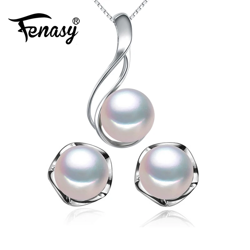 

FENASY Pearl Jewelry Sets Natural Freshwater Pearl Necklaces For Women 925 Sterling Silver Stud Earrings Classic Round Pendant