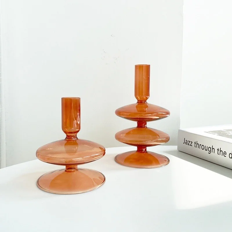 

Ins Brown Glass Candle Holder Cafe Home Decoration Vase Candlestick Mumluk Bougeoir Centerpieces Candelabra