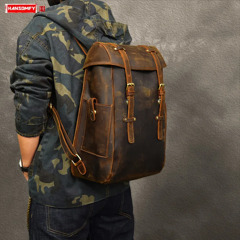 

Genuine Leather Men Backpack Shoulder Bag Male 14 Inch Laptop Bags Classic Travel Backpacks Retro Original Crazy Horse Leather