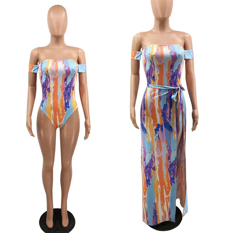 2020 Women Summer Bikini Set Sexy Beach Bohe Striped Print Long Sleeve Cloak +Swimsuits Two Piece Sets GL8374 |