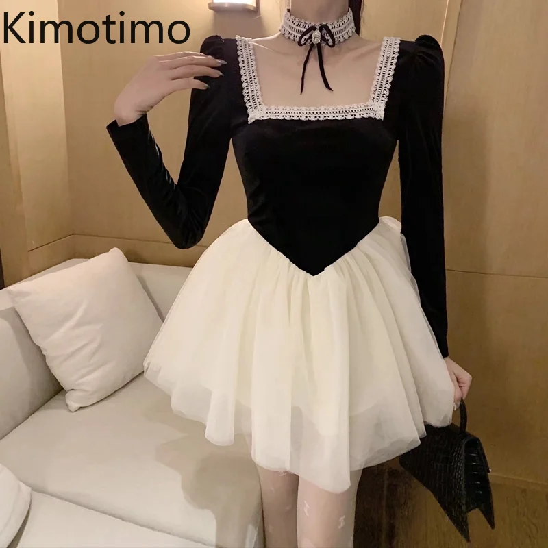 

Вечернее платье Kimotimo для женщин, французское темпераментное кружевное бархатное лоскутное платье с высокой талией, облегающее ТРАПЕЦИЕВИД...