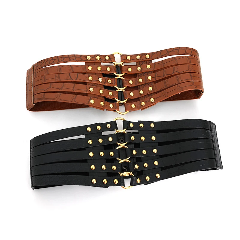 

Новые женские эластичные дизайнерские ремни, высококачественные металлические широкие ремни с заклепками