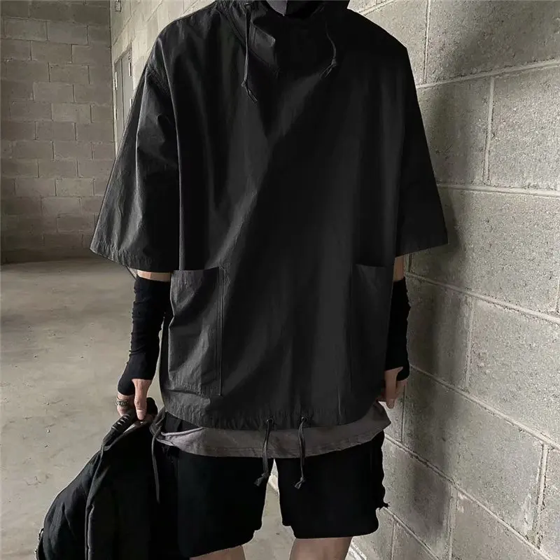 

Vintage Hoodie Men Summer Trend Ins Harajuku Style Boys Hooded Short-sleeved Shirt Loose Hooded Five-point Sleeve Streetwear