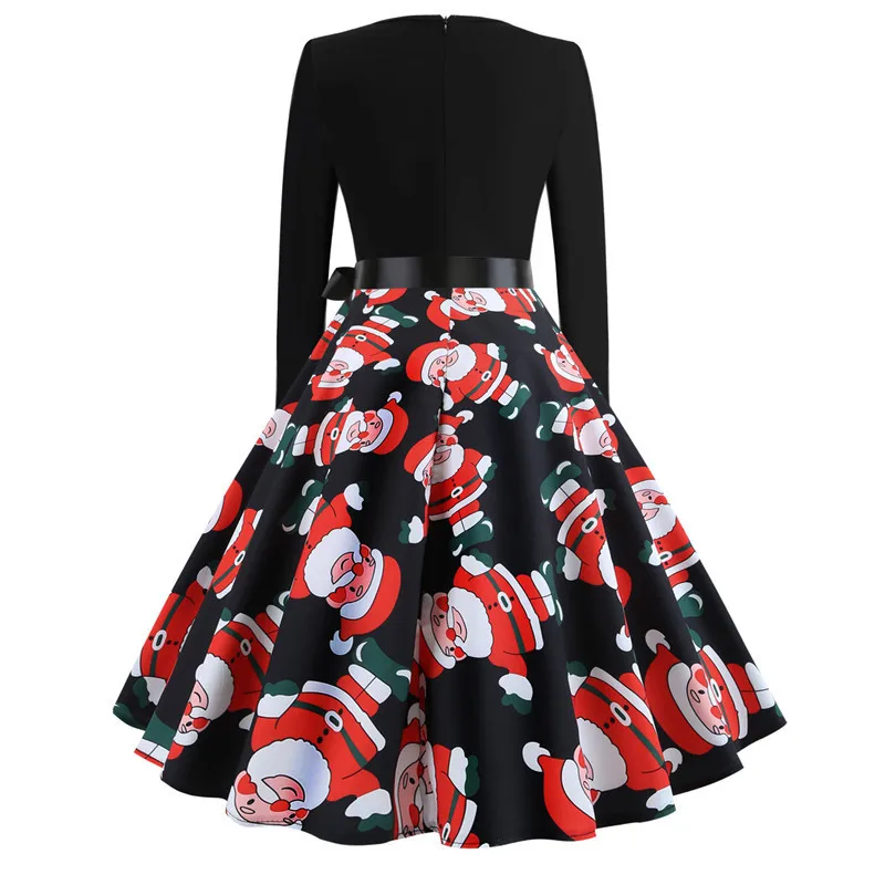 

Women Dress Long Sleeve O-Neck Winter Christmas Dress Women Santa Claus Print Black Elegant Party Dress Plus Size