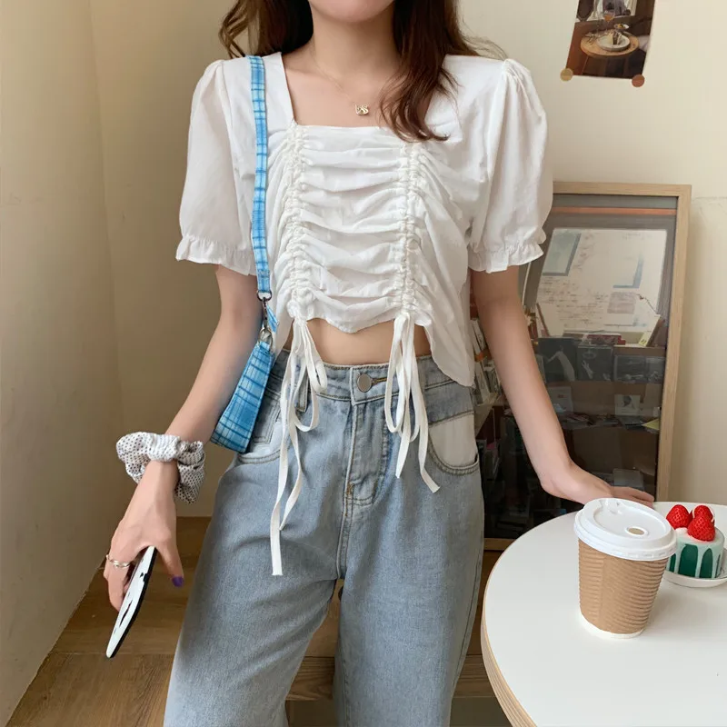 

Hzirip New Hot Summer Short Drawstring Square Collar Short-Sleeved Shirt Design Sense Fashion All-Match Female 2020 Trendy Top