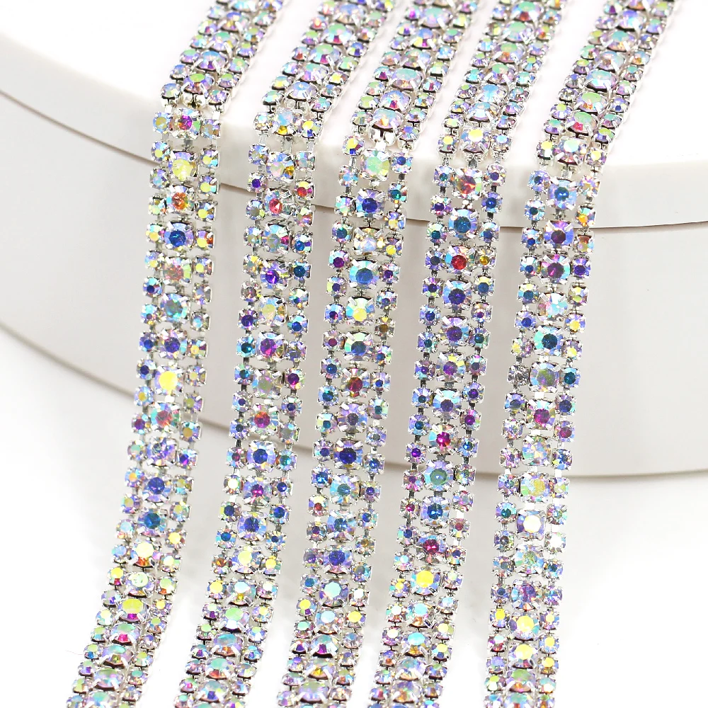 1 ярд 3 ряда стразы в чашке цепочка серебряная основа кристалл AB отделка SS8 + SS16 (2 5