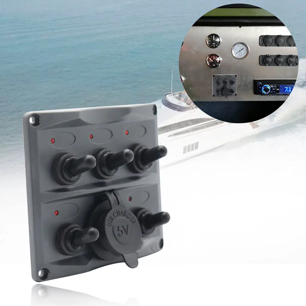 

Boat Marine RV 5 Gang Led Toggle Switch Panel 15A In-line Fuse USB Charger