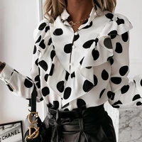 female leopard print blouse casual shirt with frilly eyes and button v for fall and winter long sleeve office style