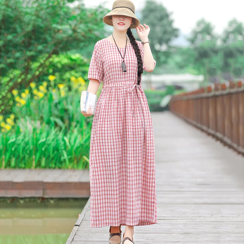 Женское летнее клетчатое платье с хлопковой подкладкой длинное Повседневные