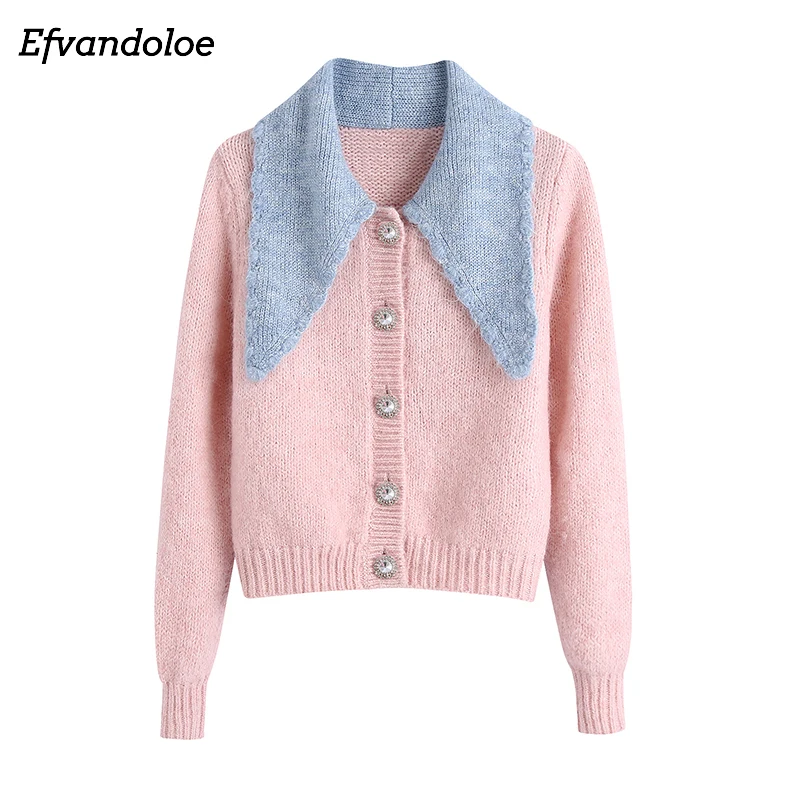 

Pink Cardigan Women Knitted Long Sleeve Rhinestone Buttons Sweater 2020 Autumn Winter Single Breasted Sweaters