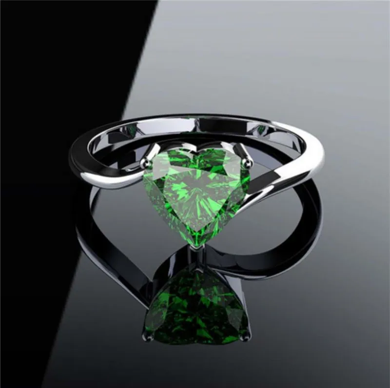 

Milangirl Simple Heart-Shaped Love Green Zircon Rings for Women Engagement Party Wedding Jewelry Copper Accessories Size 6-10