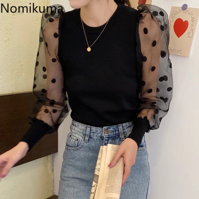 Женская футболка с рукавами фонариками Nomikuma тонкая в горошек круглым вырезом