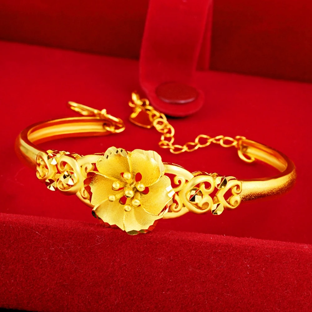 Flower Cuff Bangle Bracelet Women Accessories Yellow Gold Filled Wedding Party Traditional Jewelry Gift