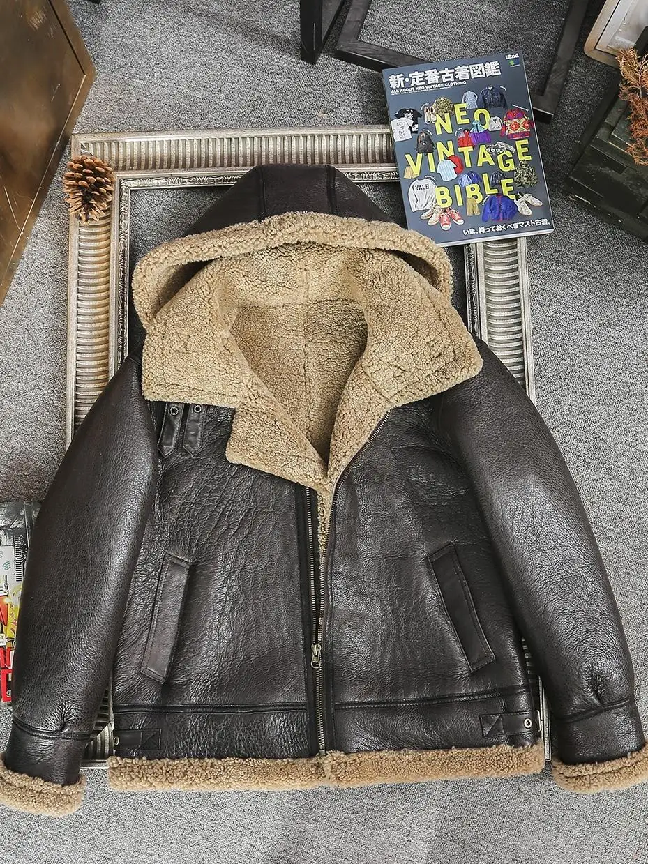 

Original ecological thickening b3 sheep fur lapels leather man fur leather motorcycle jacket warm winter big size 8XL