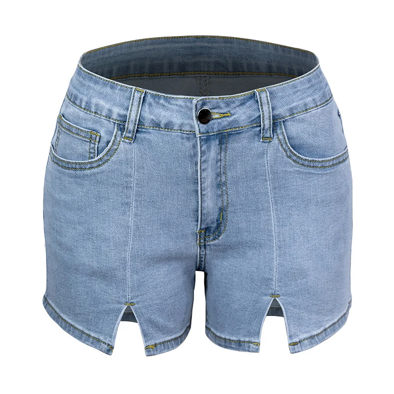 Quanss 2021 Summer Fashion High Waist Split Elastic Denim Shorts Women's Blue Mini Jeans Elegant Hot Pants