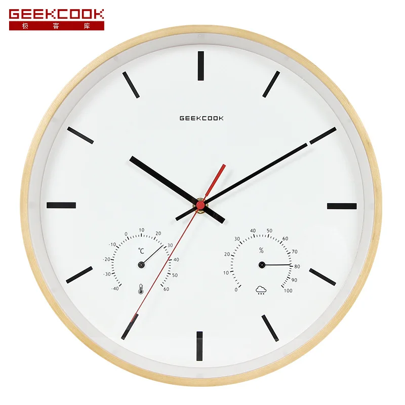 Прозрачное небо Простые изгибные деревянные настенные часы с термогигрометром и множественными функциями для гостиной и спальни