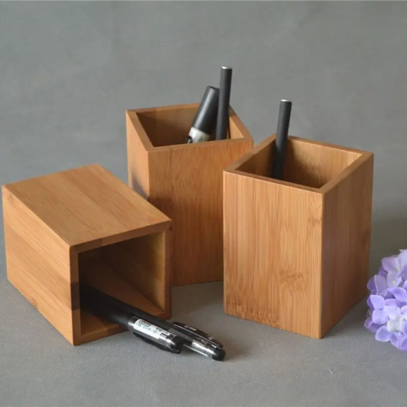 

B36C Bamboo Pen Pencil Holder Makeup Brush Storage Office Desktop Stationery Organizer Square Container