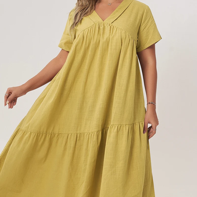 

New Summer Long Dress Women Plus Size Ginger Solid Color Casual Shirring Folds Short Sleeve V-neck Elegant Large Midi Dresses