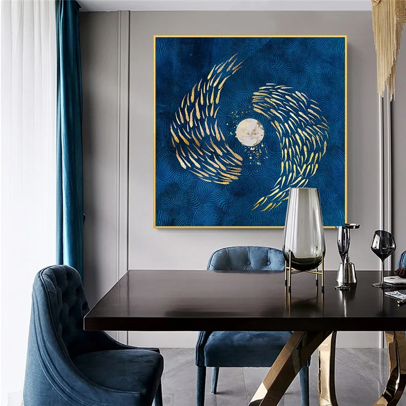 

Nordic Abstract Moon Fish Wall Art Poster Blue Texture Canvas Print Painting Modern Minimalist Pictures For Living Room Decor