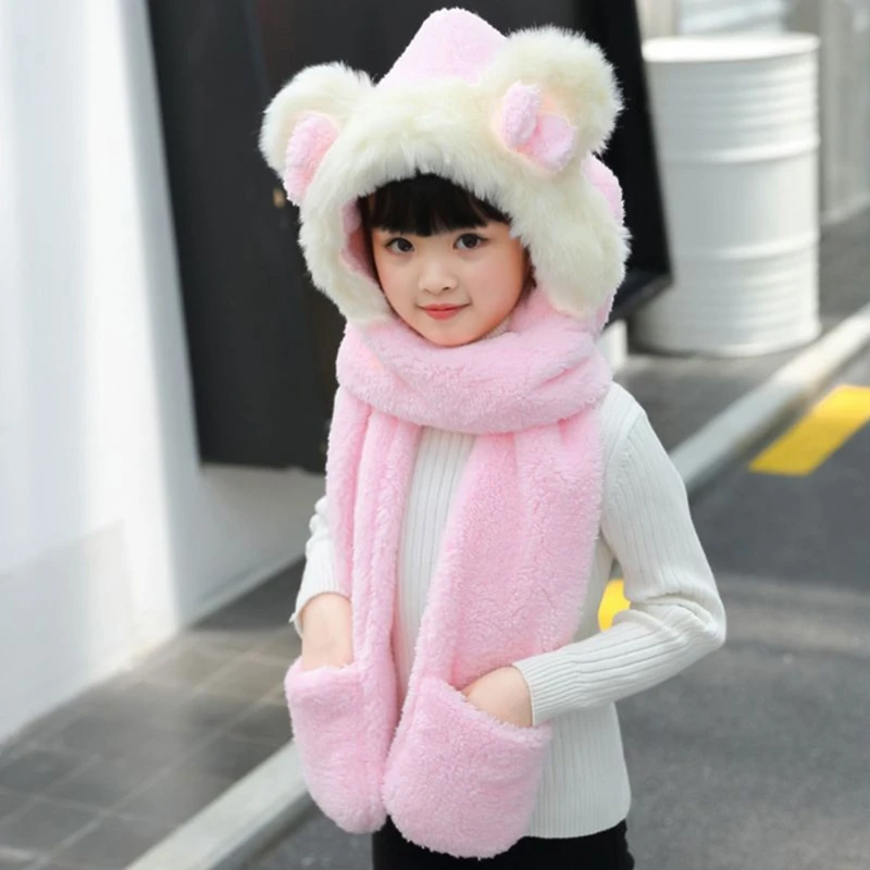 

Toddler 3 In 1 Warm Plush Winter Hat Cute Bowknot Bear Ears Kids Scarf Mitten Gloves with Pockets Earflap Hoodie Cap