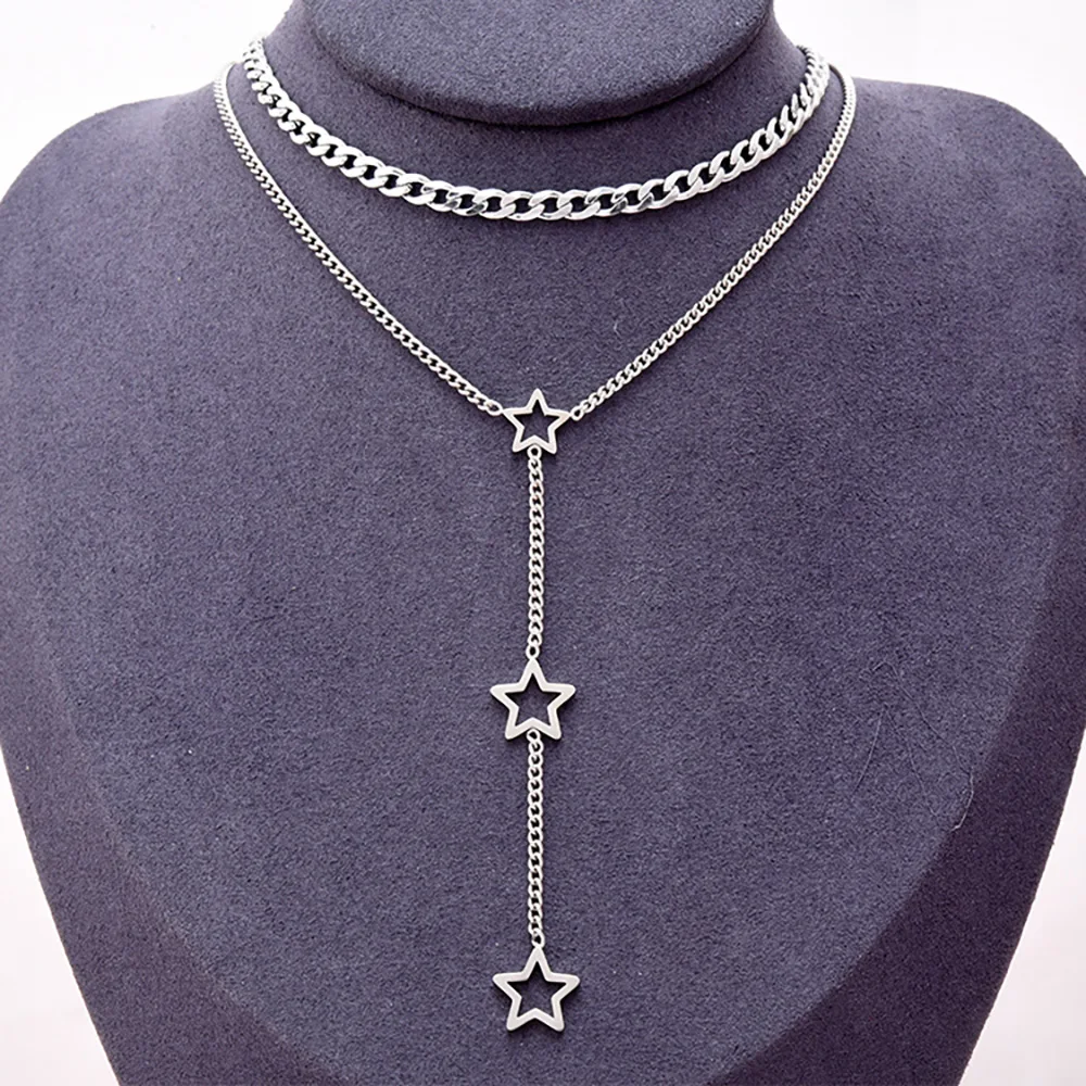 FINE4U N751 Dainty Layered Choker Necklaces Handmade Hollow Star Pendant Multilayer Adjustable Layering Whip Chain Necklace | Украшения и