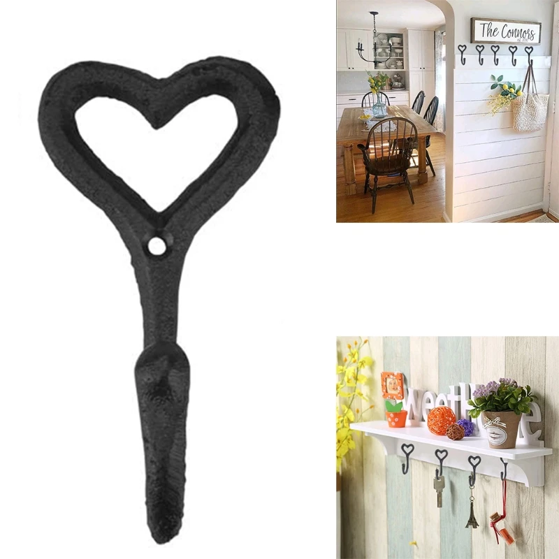 

Retro Black Wall Hook Heart Shape Hooks Heavy Duty Iron Hooks for Hanging Keys Towels Coat in Bathroom Kitchen Decorative
