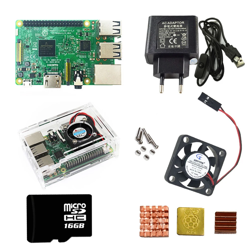 Четыре набора Raspberry Pi3 Foundation+ акриловый чехол/ABS чехол+ блок питания EU/US с usb-кабелем с переключателем и 16SD картой теплоотвода