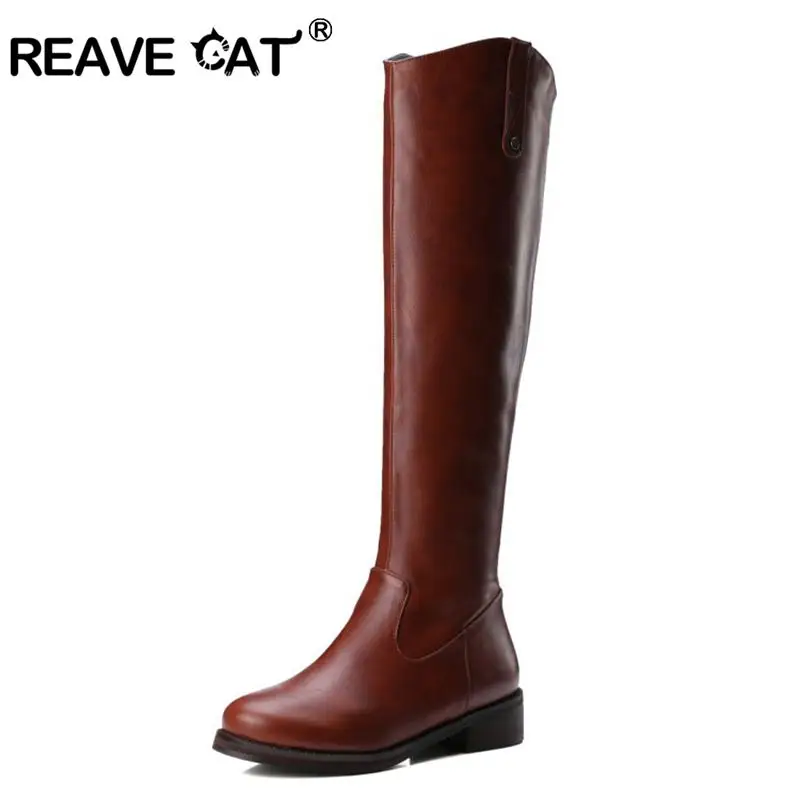 REAVE CAT/женская кожаная обувь; сапоги до колена на плоской подошве с боковой молнией; цвет коричневый, черный; теплые зимние ботинки; большие размеры 43