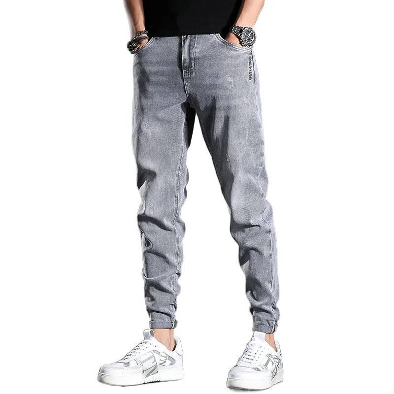 

New Summer Men Jeans Male Trousers Simple Design Letter Embroidery Gray Casual Slim Fit Denim Pants
