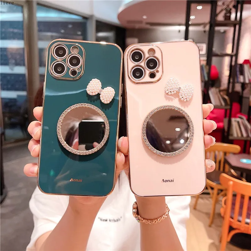 

Fashion Brand Plating Round Rabbit Mirror for Iphone 12 11 Pro Max 7 8 Plus X XR Girl Diamond Crystal Soft Gift for girls case