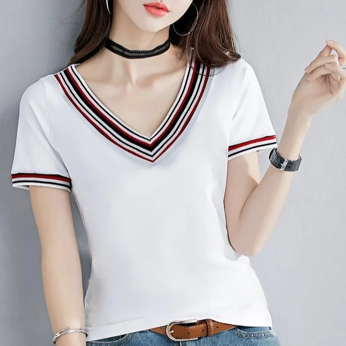 

50% Cotton T Shirt Woman Fashion V Neck Summer Short Sleeve T-shirt Woman Korean Style Plus Size Shirt 2021 New Women Shirts