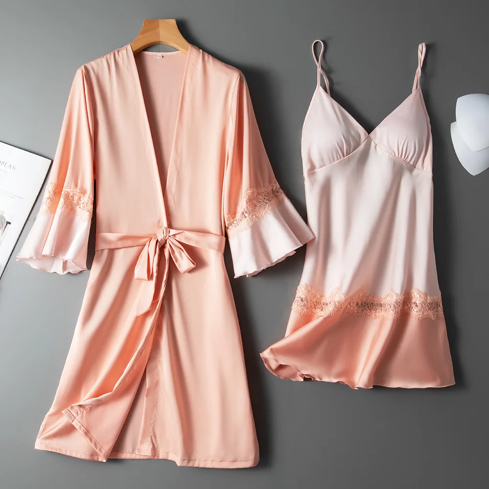 

Sexy Lace Nighty&Robe Set Women Pink Kimono Gown Summer New Sleep Set Femme 2PCS Sleepwear V-neck Nightgown Home Clothing