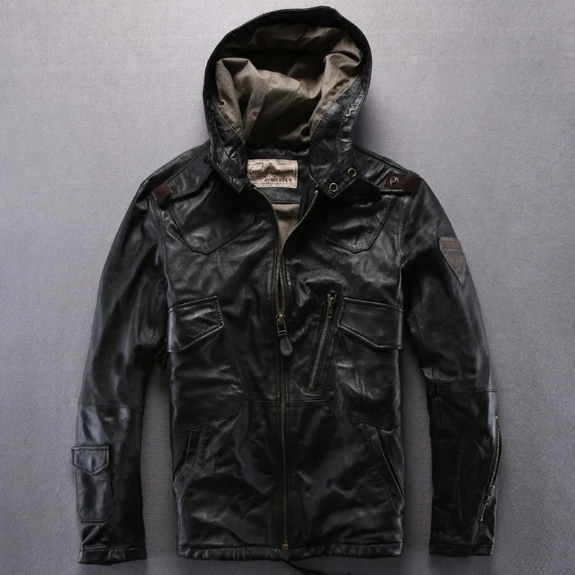 

fly Avirex hooded leather jacket men green sheepskin flight jacket black casual pilot jacket autumn outerwear men yellow brown