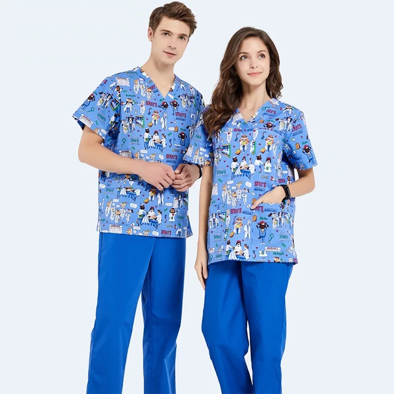 

Cartoon Printing Work Uniform,Scrub Set,Men Women Working Clothes.Easy Free To Move None-Protective Uniform Top+Pant Set