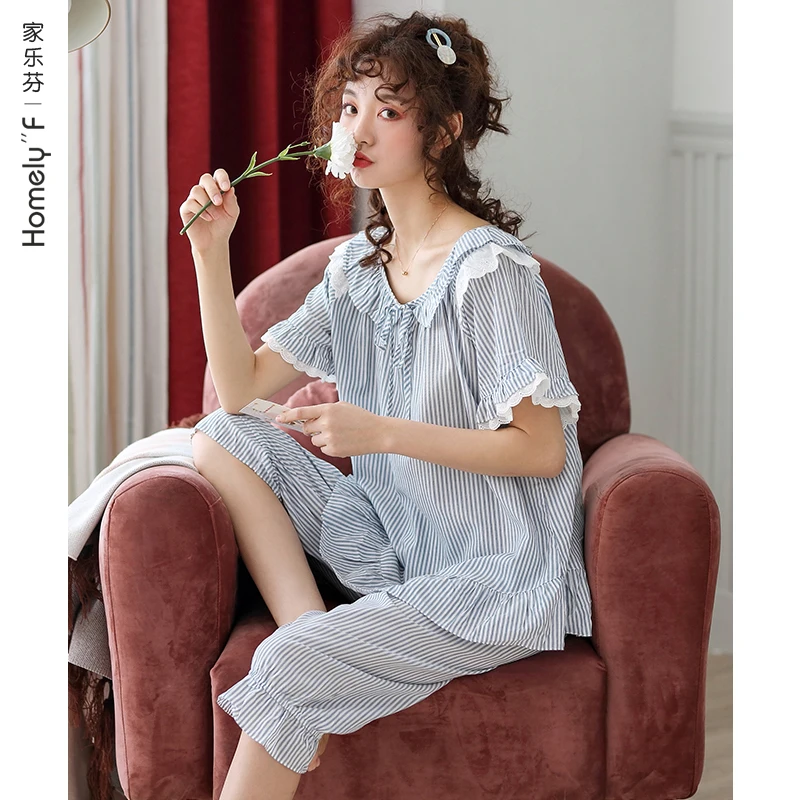 

Pajamas Women's Summer Cotton Short Sleeve Cropped Pants Home Wear Summer Thin Japanese Style Japanese Cute Sweet Set