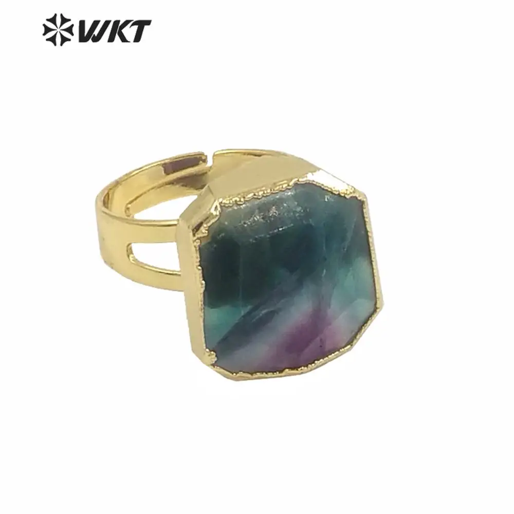 WT R211 горячая Распродажа кольца из природного радужного флюорита с золотым
