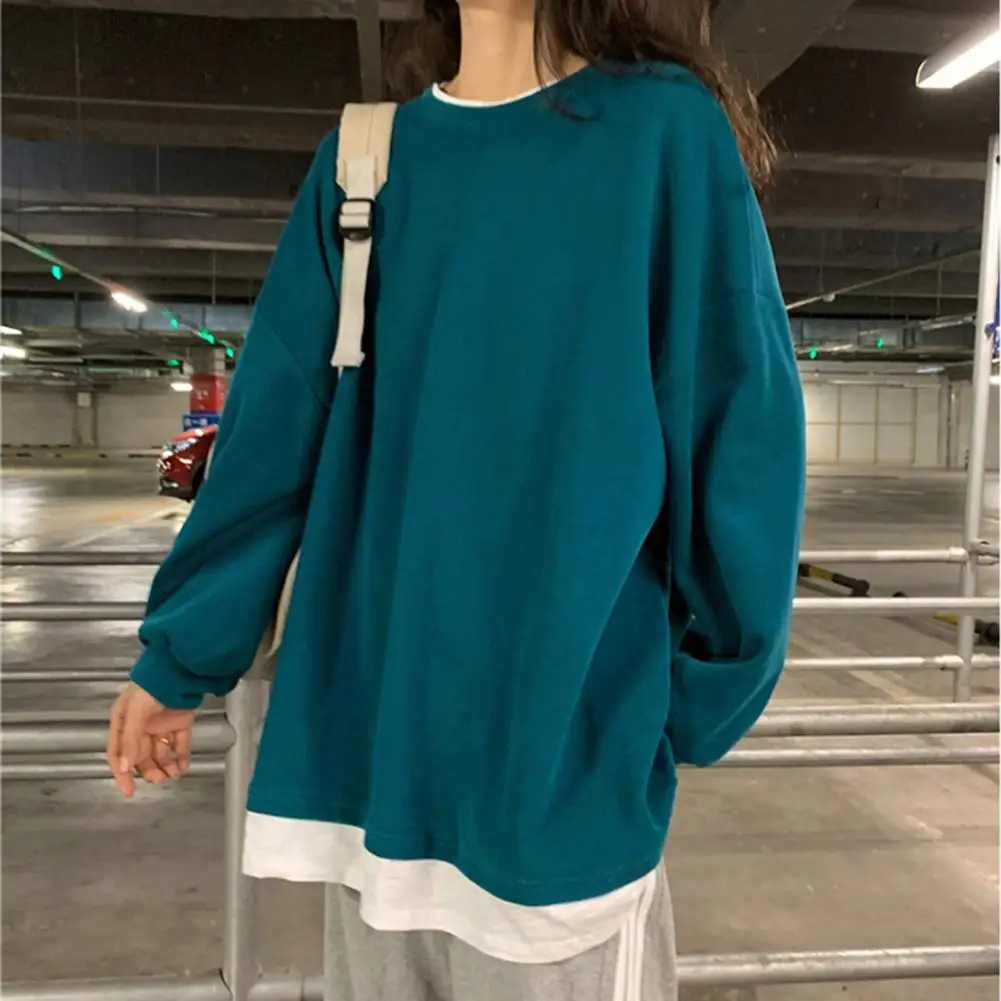 

Women Autumn Fake Two Piece Blouse Sweatshirt Long Sleeve Oversized Pullover
