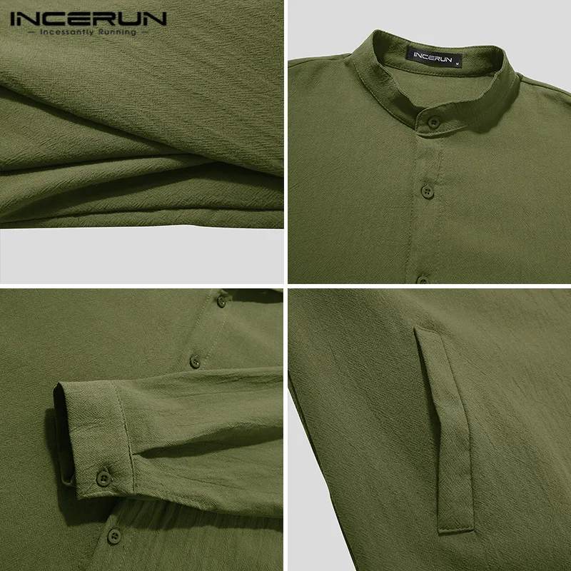 

INCERUN Men Stand Collar Leisure Blouse Vintage Solid Long Sleeve Shirts Loose Cotton Button Camisa Pocket Dress Shirt Plus Size