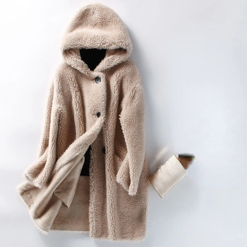 Women 2021 Winter New Genuine Lamb Fur Coat Female Real Granular Sheep Shearing Jacket Ladies Long Warm Hooded Outerwear U602