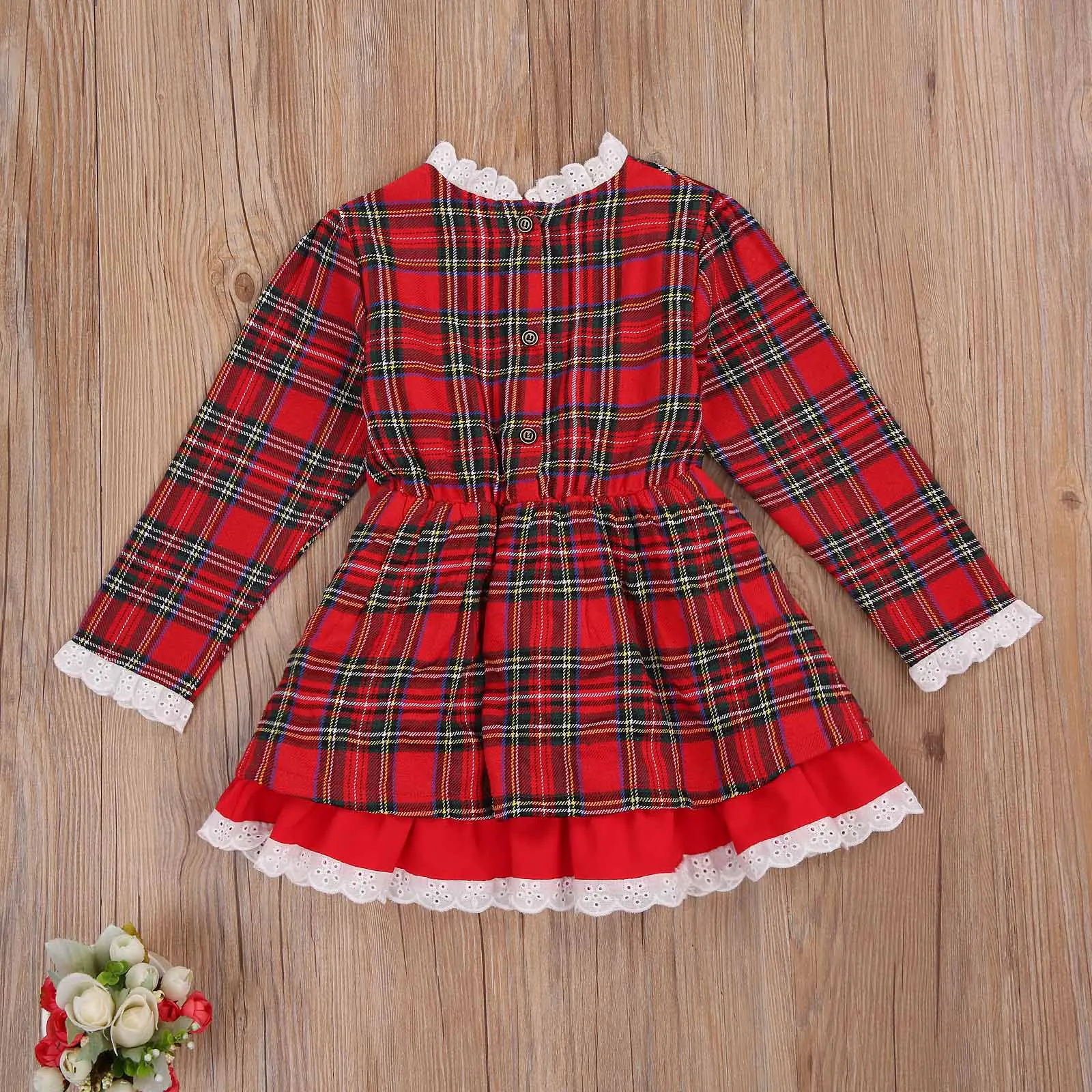 

Little Girl's Christmas Plaid Dress, Holiday Themed Long Sleeve Lace Dress, Elastic Waist Skirt with a Bow 6M-5Y