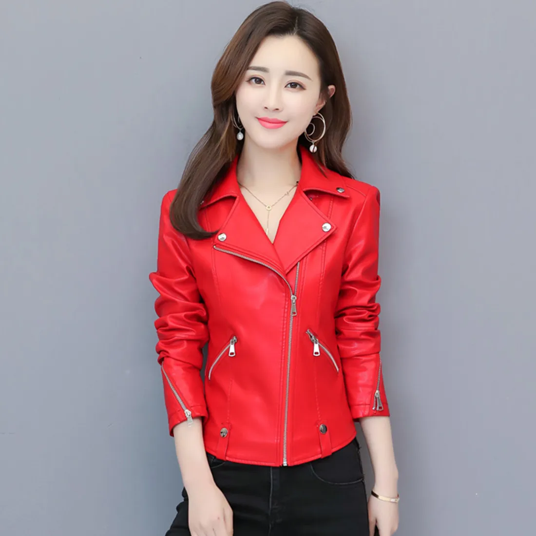M-4XL Women Motobike Leather Jacket Spring Autumn Fashion Zipper Slim Tops Red Short Coat Black Sheepskin Outerwear Female