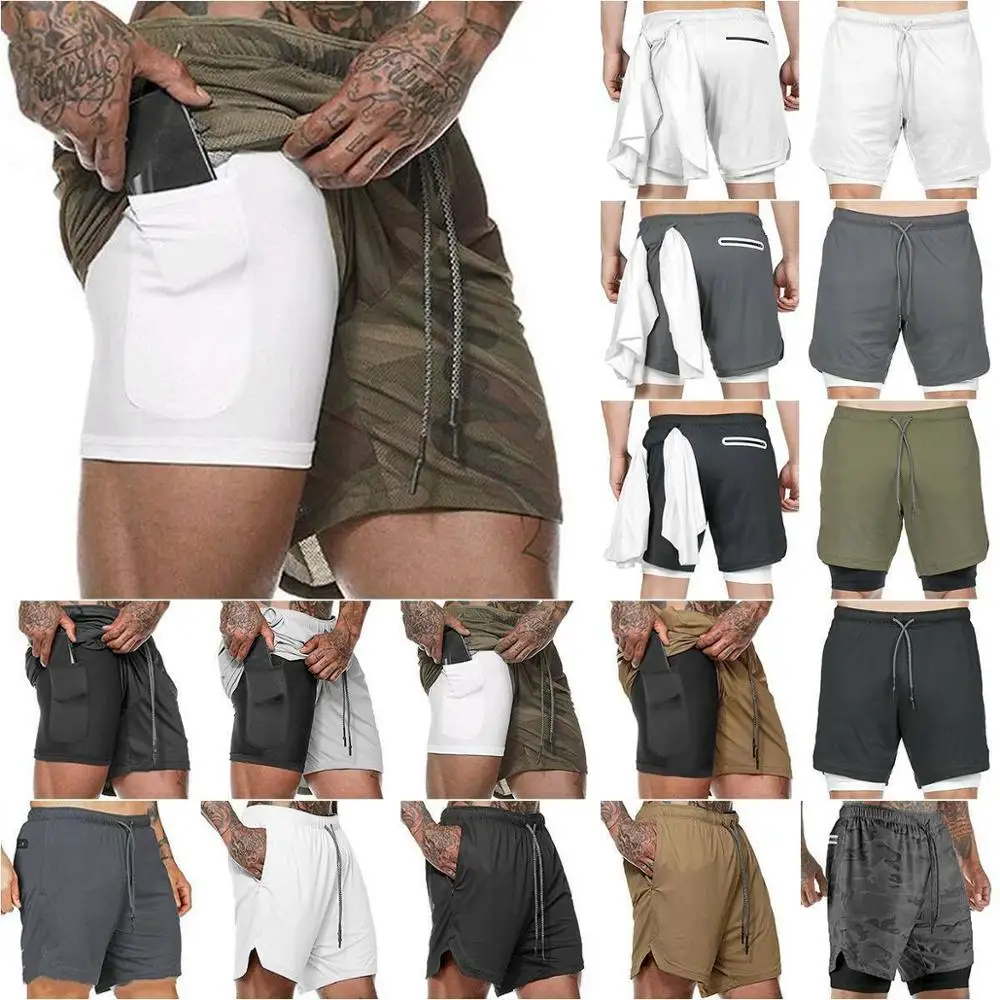 

Double layer Jogger Shorts Men 2 in 1 Short Pants Gyms Fitness Built-in pocket Bermuda Quick Dry Beach Shorts Male Sweatpants