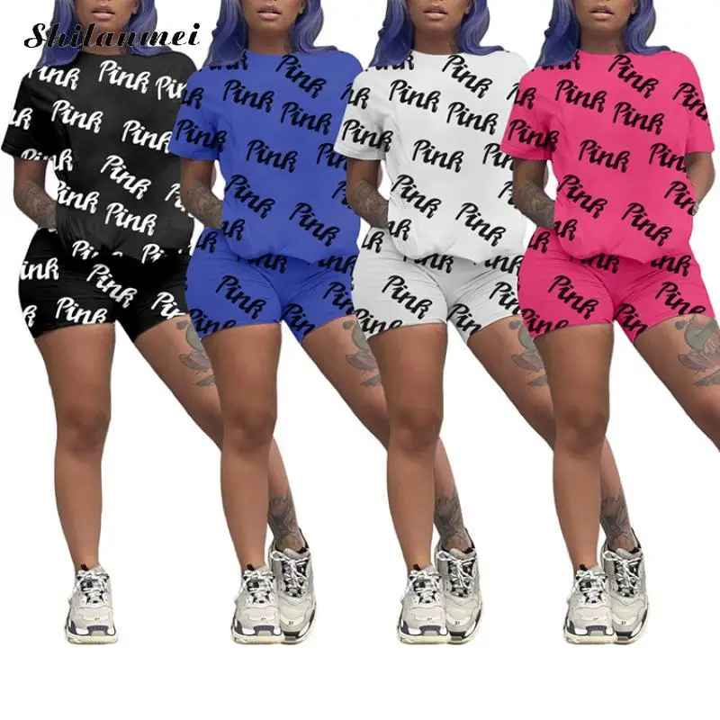 

2021 Women Sets Pockets Letter Print Short Sleeve T-Shirts Skinny Elastic Shorts 2 Piece Sets Fashion Outfit Casual Tracksuit
