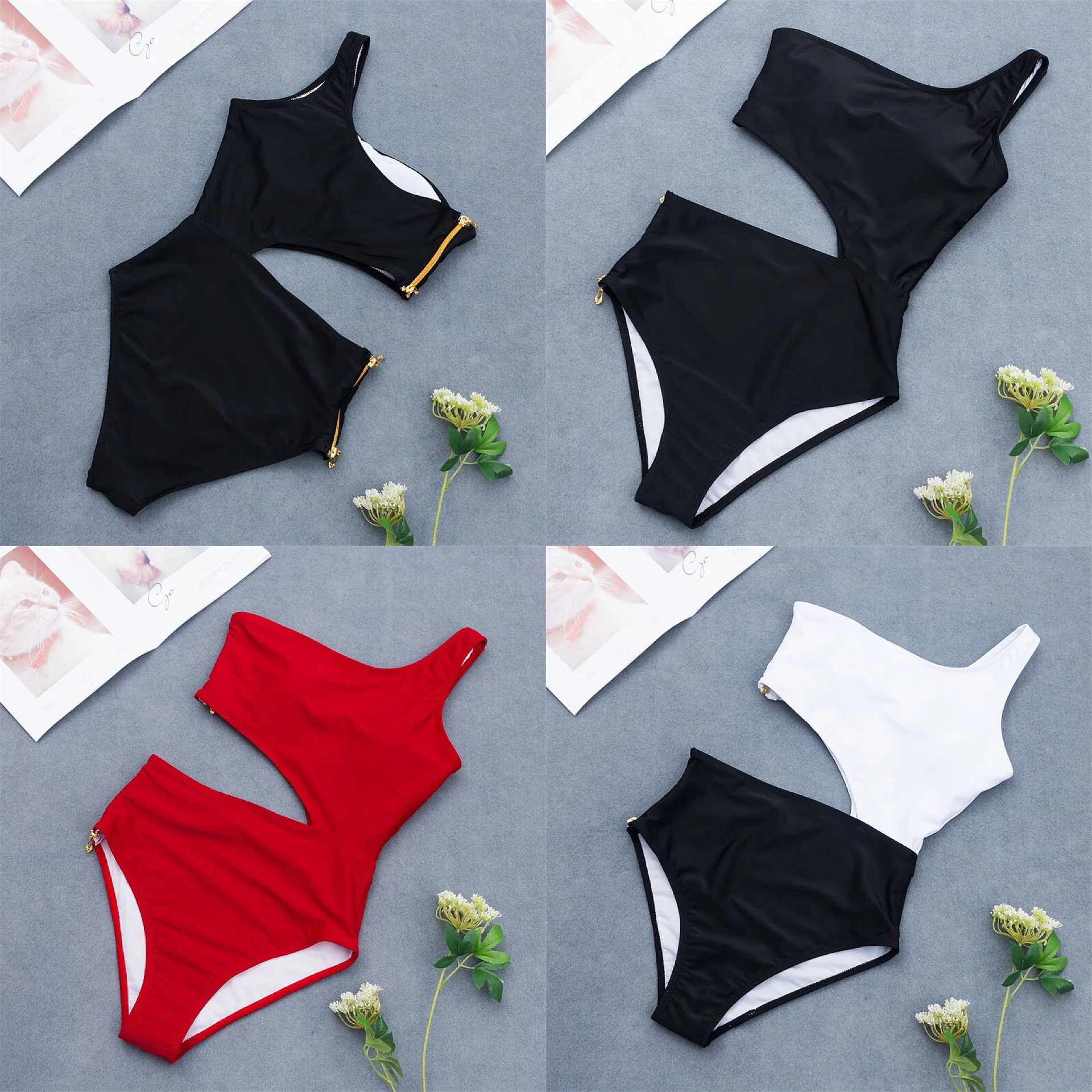 

Solid Color Bikini Sexy Zipper Design One-shoulder One-piece Swimsuit Bathing Suit Women Swumsuit Woman Bathing Suit