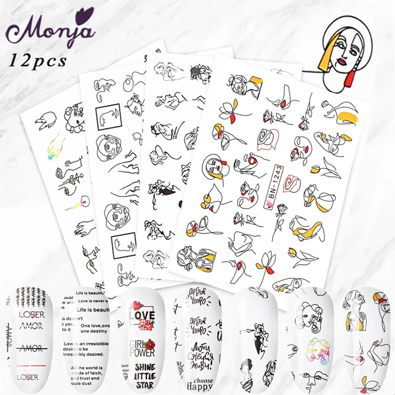 Monja12 стили, переводные наклейки для ногтей, переводные наклейки с животными, человеческое лицо, английское абстрактное изображение, сделай сам, Переводные Слайдеры для маникюра, Декор