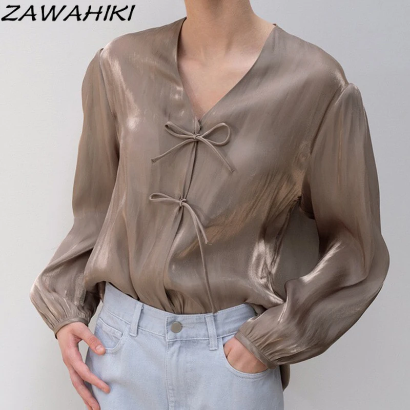 

ZAWAHIKI Blusas Mujer Korean Chic V-neck Bow Kawaii Cute Women Blouse 2021 Spring Elegant Gloss Long Sleeve Solid Fashion Shirts