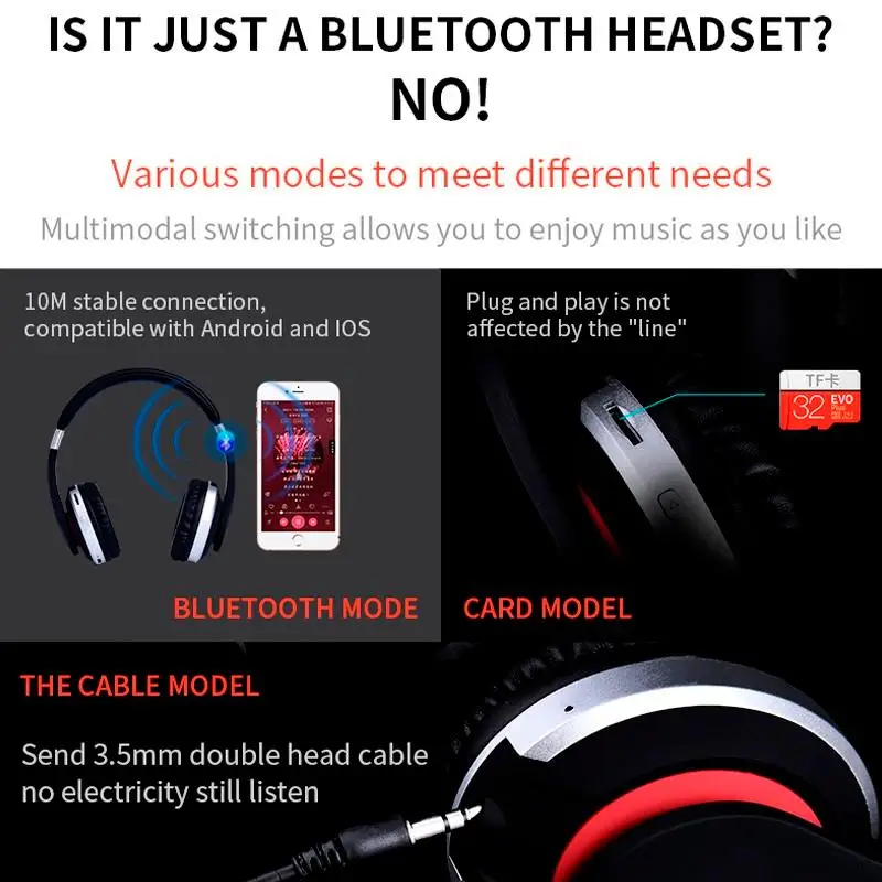 Беспроводные наушники MH7 с Bluetooth 5,0, беспроводные наушники с громкой связью, наушники для игр, складные наушники с поддержкой карт TF, FM, смартфон