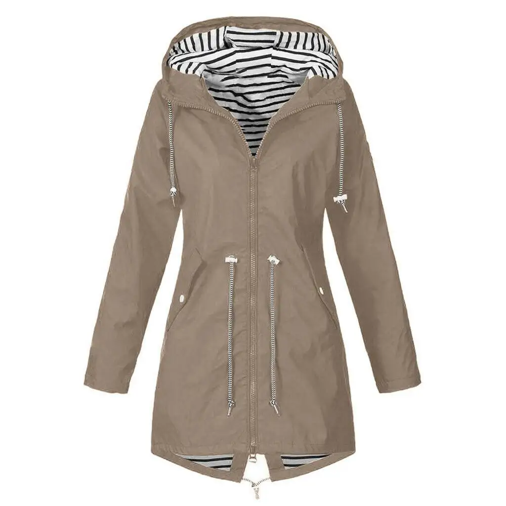 

Women Solid Rain Jacket Outdoor Plus Size Waterproof Hooded Windproof Loose Coat