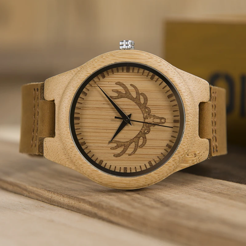 Мужские часы BOBO BIRD Wood с головой оленя кожаным ремешком бамбуковые кварцевые