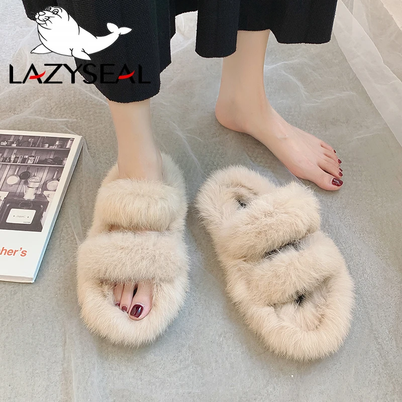 LazySeal/женские тапочки с натуральным мехом новые тапочки их меха под кролика домашние Шлепанцы женские пушистые домашние вьетнамки